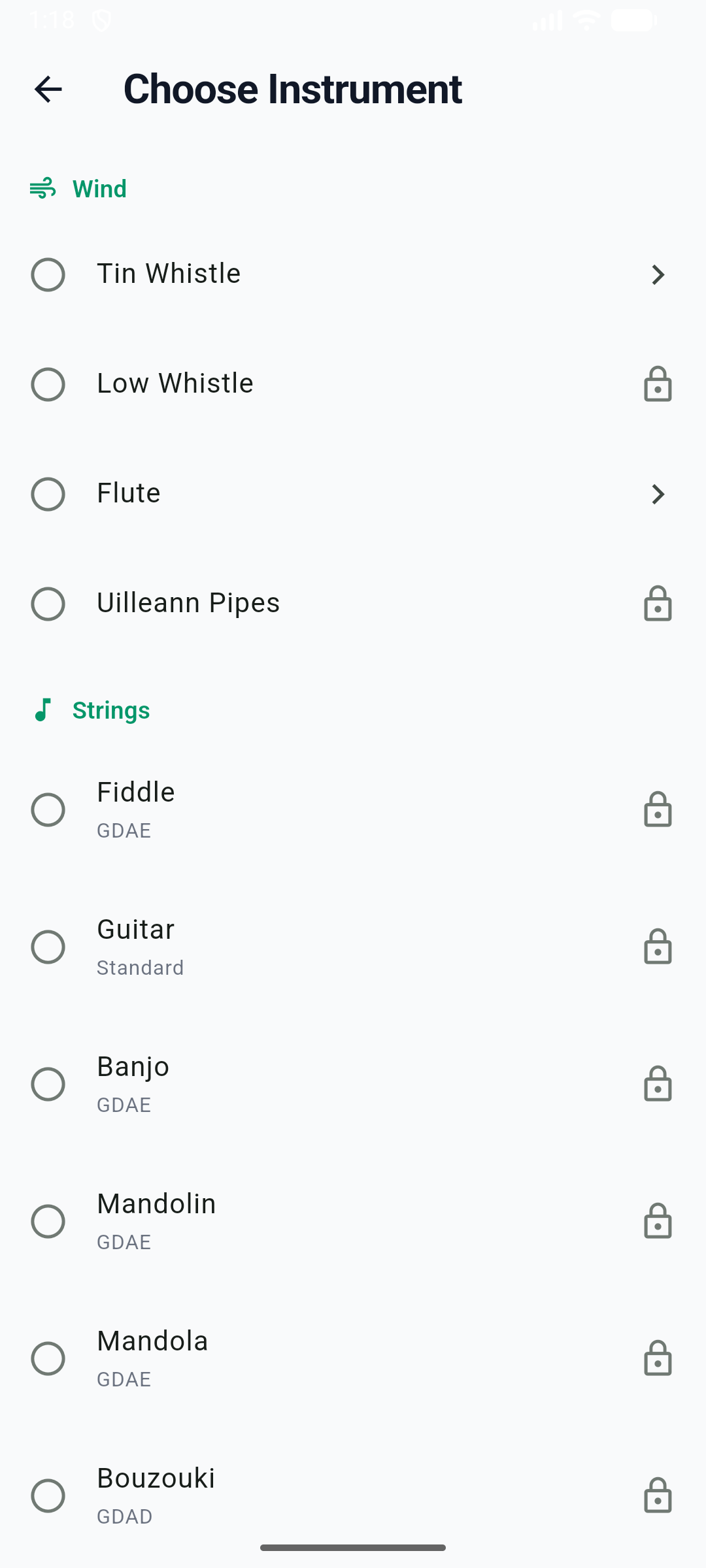 Sélecteur d'instrument par famille : vents, cordes, claviers