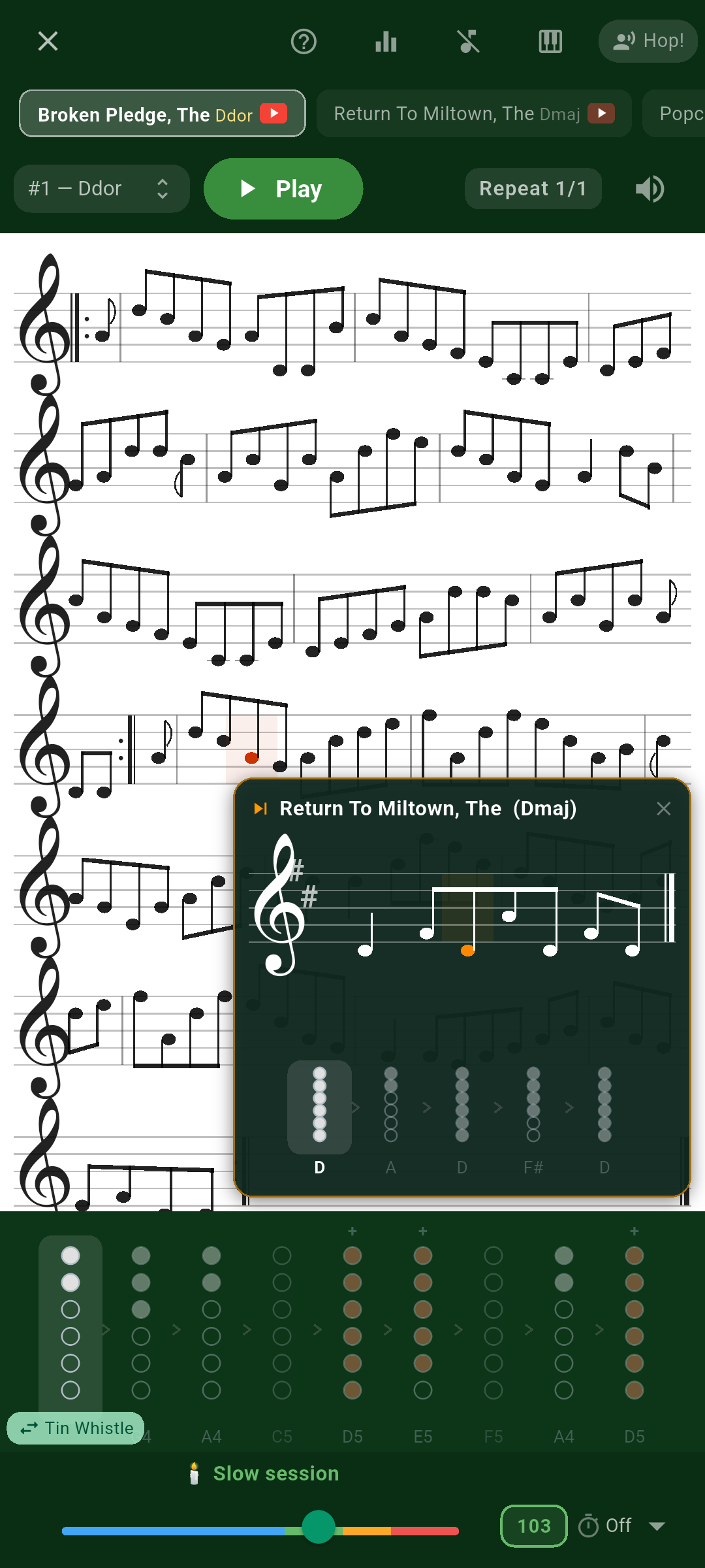 Set player avec doigtés et prévisualisation du morceau suivant