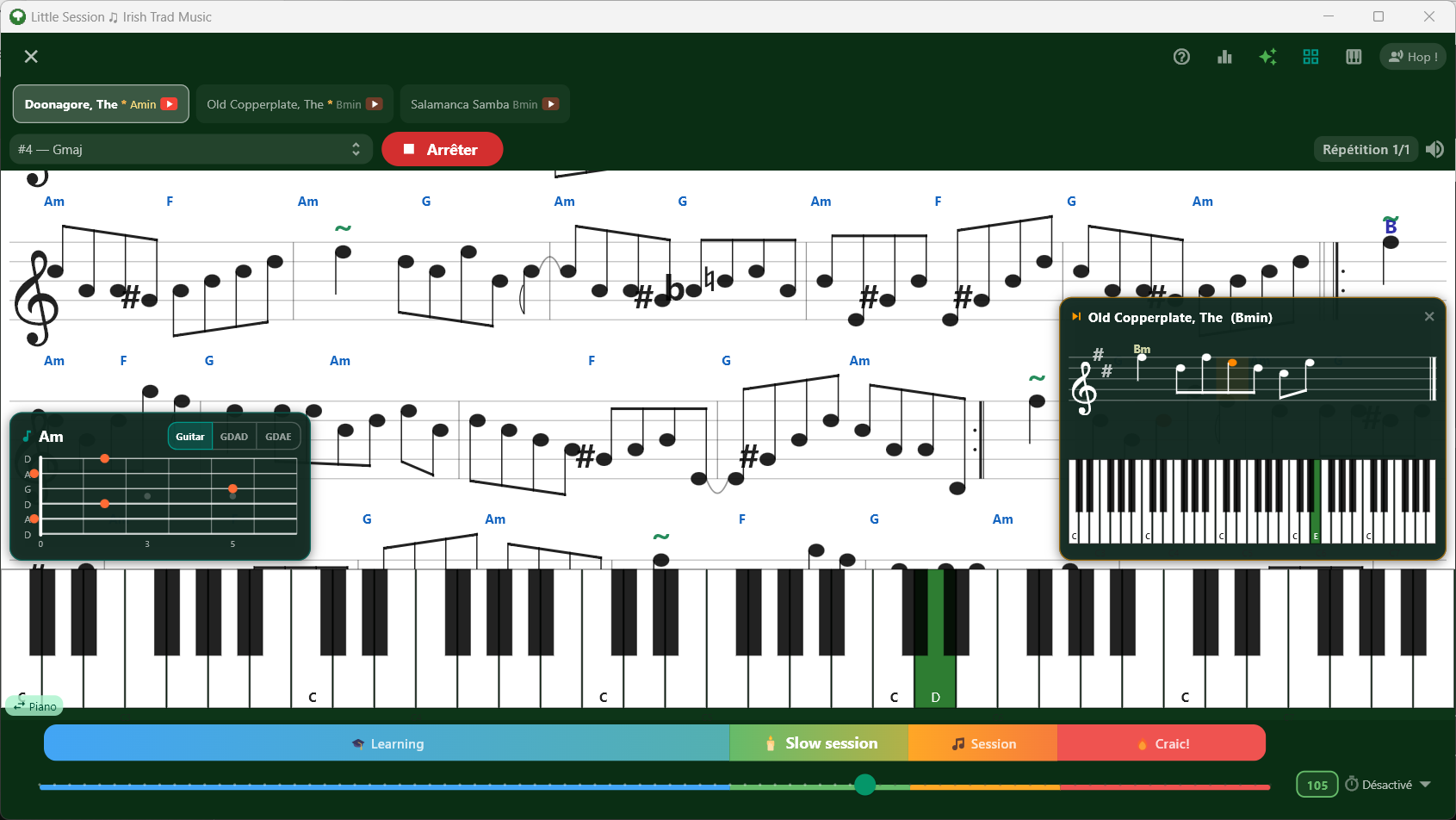 Set player avec piano, accords overlay et previsualisation du morceau suivant