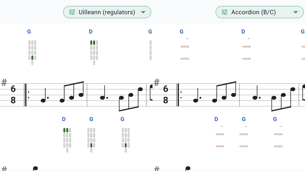 Uilleann regulators and diatonic accordion basses sitting on the score as chord diagrams