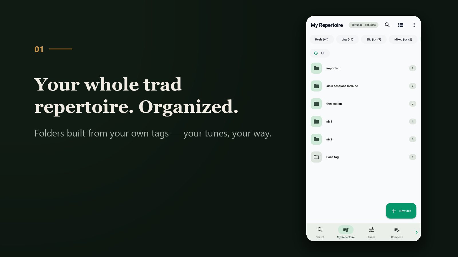 Your whole trad repertoire, organized in folders built from your tags