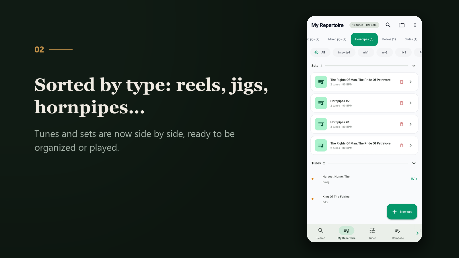 Repertoire sorted by tune type: reels, jigs, hornpipes