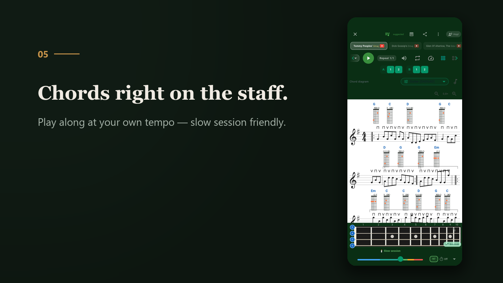 Chords right on the staff, at your own tempo