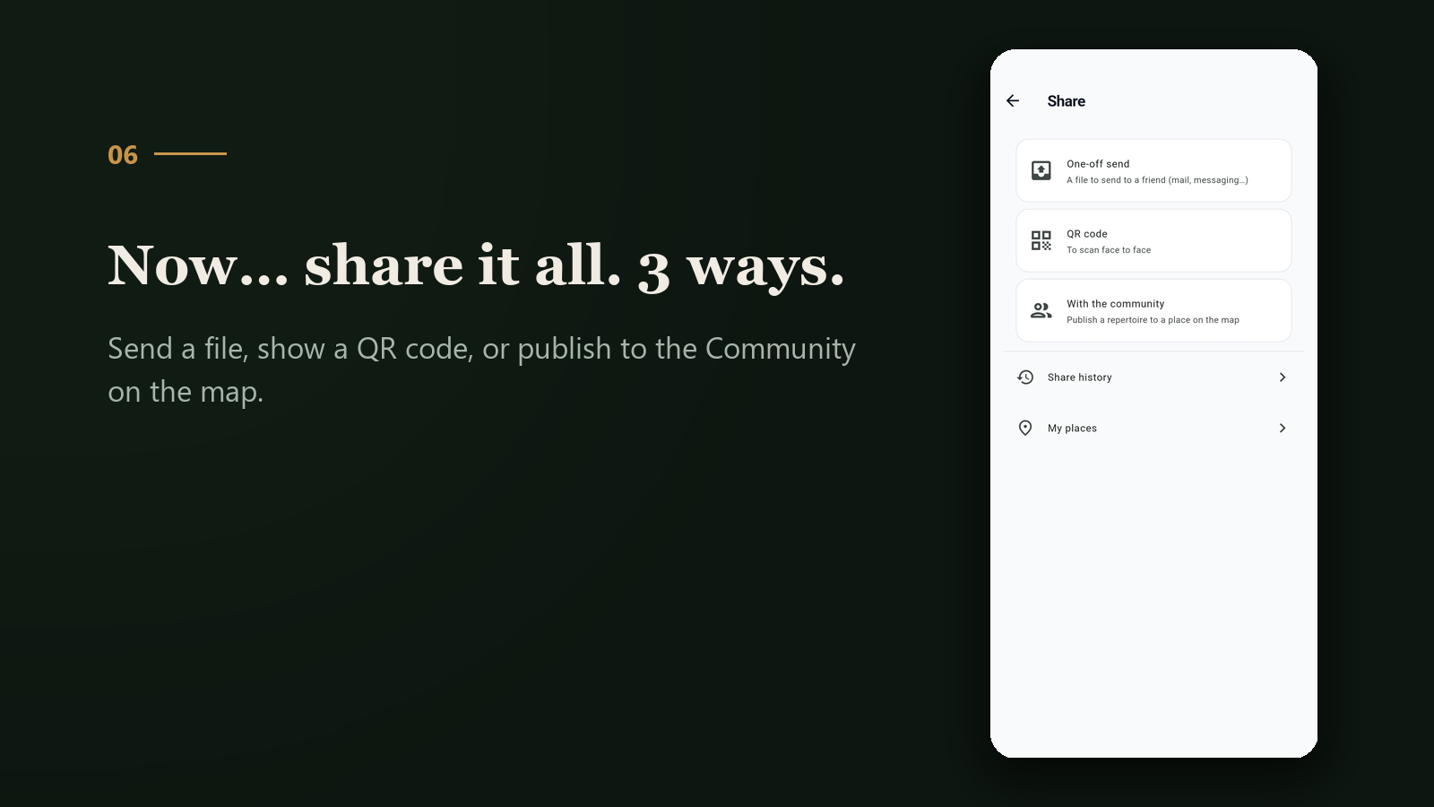 Share it all three ways: send a file, show a QR code, or publish to the community