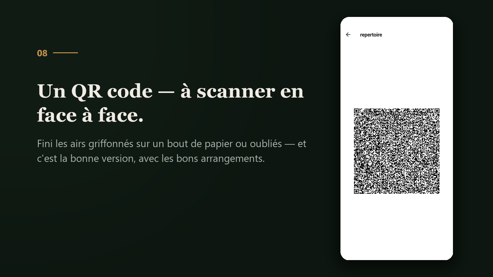 Un QR code contenant les airs et sets choisis, &agrave; scanner en face &agrave; face
